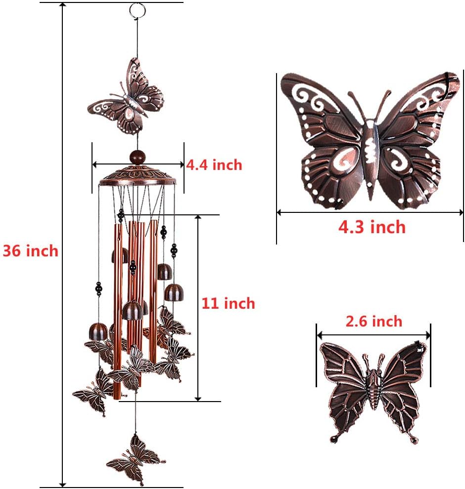Campanillas de viento de mariposa para decoración al aire libre, con 4 tubos, 6 campanas, 7 mariposas de 36 pulgadas, impermeables, móviles,