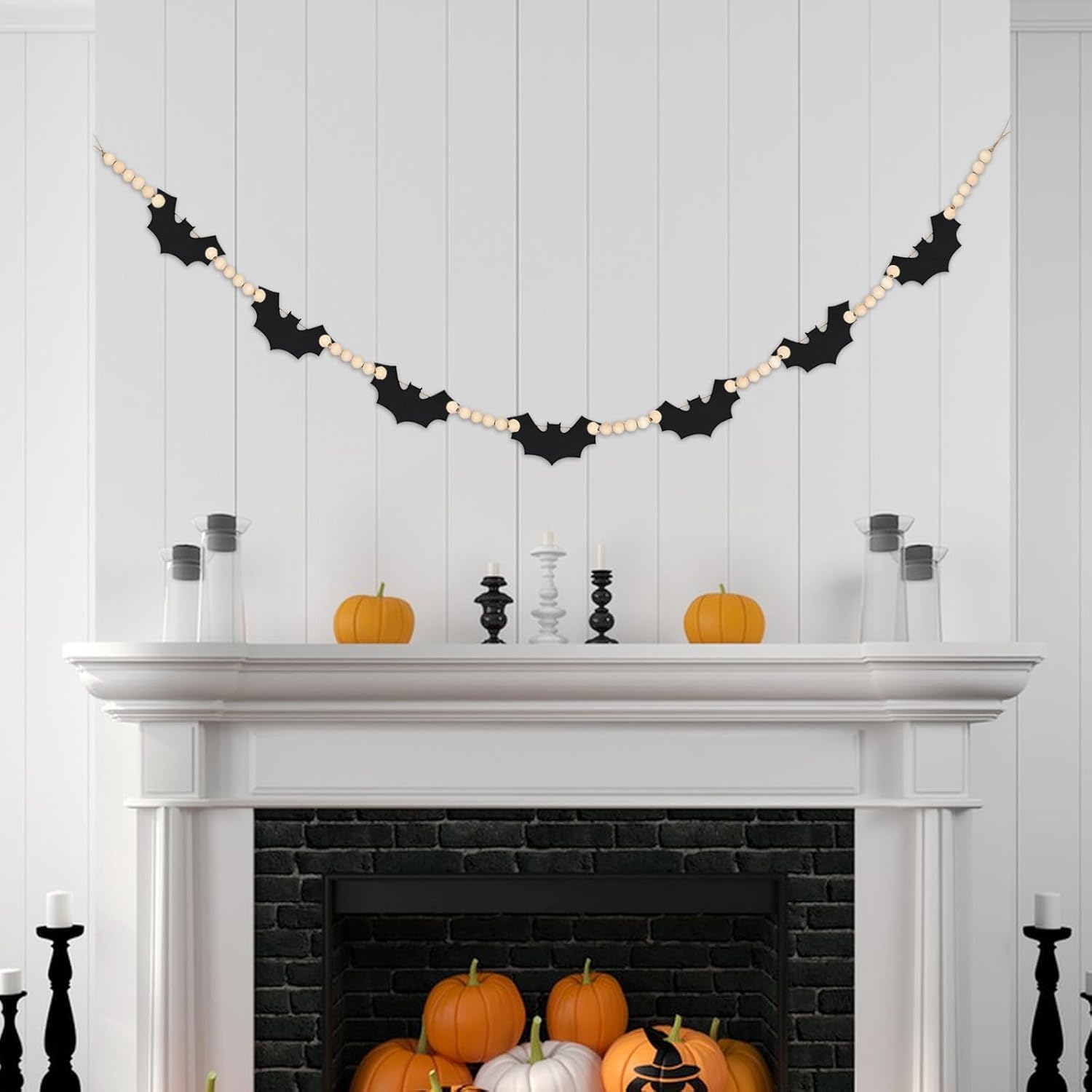 Guirnalda de 2 piezas de Halloween, madera de Halloween, murciélagos de fieltro de Halloween, guirnalda de cuentas para decoración de Halloween,