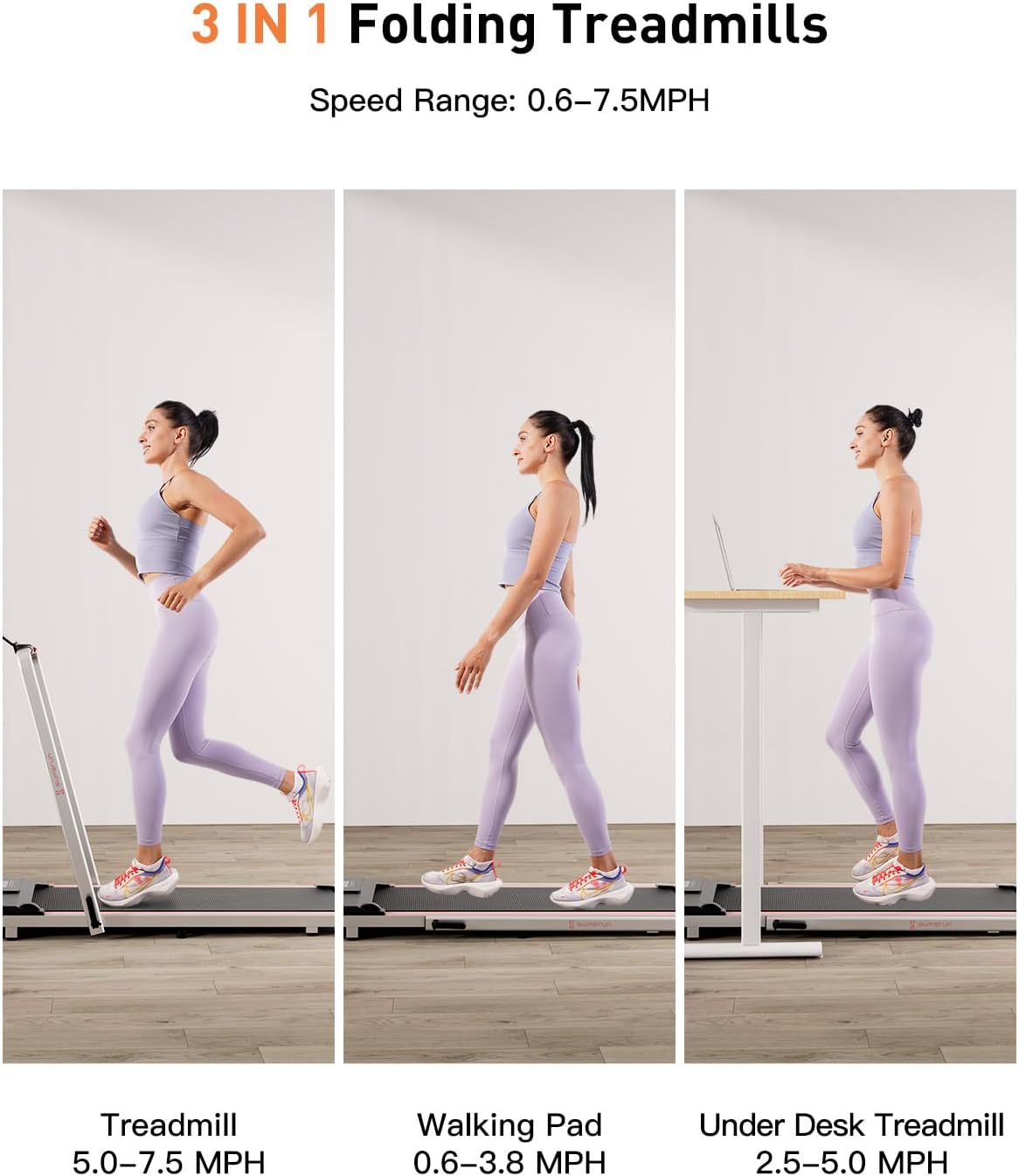 Caminadora 3 en 1 – Cinta de correr plegable de 3.0 HP para el hogar, fácil de almacenar, capacidad de 300 libras debajo del escritorio, instalación