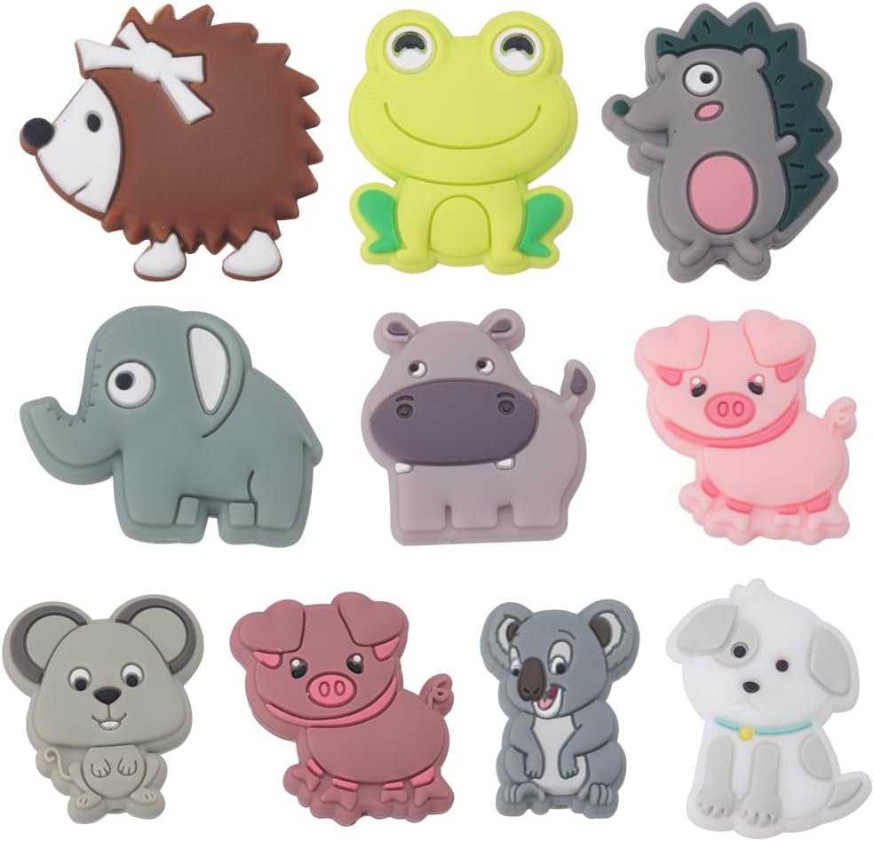 SUNNYCLUE 1 caja de 10 estilos de cuentas de silicona de animales, lindas cuentas focales de silicona de doble cara, dijes de perro de rana, cerdo,