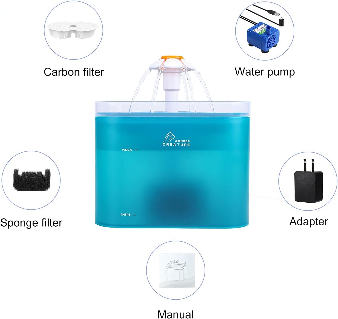 Fuente de agua para gatos, fuente automática de agua para gatos de 67 oz2 L, fuente de agua para mascotas con luz LED y filtro para gatos y perros