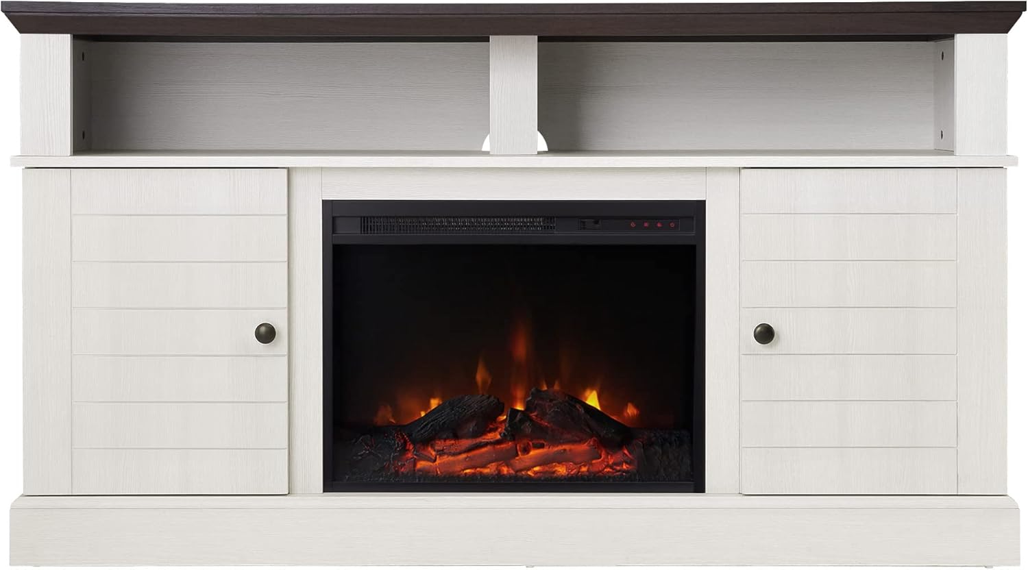 Teamson Home Eliana – Centro de entretenimiento de granja de 60 pulgadas con chimenea, estantes abiertos, dos gabinetes, roble blanco y oscuro