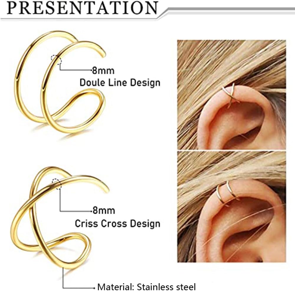 4 Pcs Stainless Steel Ear Cuff Criss Cross Double Lines Ear Cuffs Non-Piercing Minimalist fake Helix Earcuff Cartilage Earring, Huggie Helix