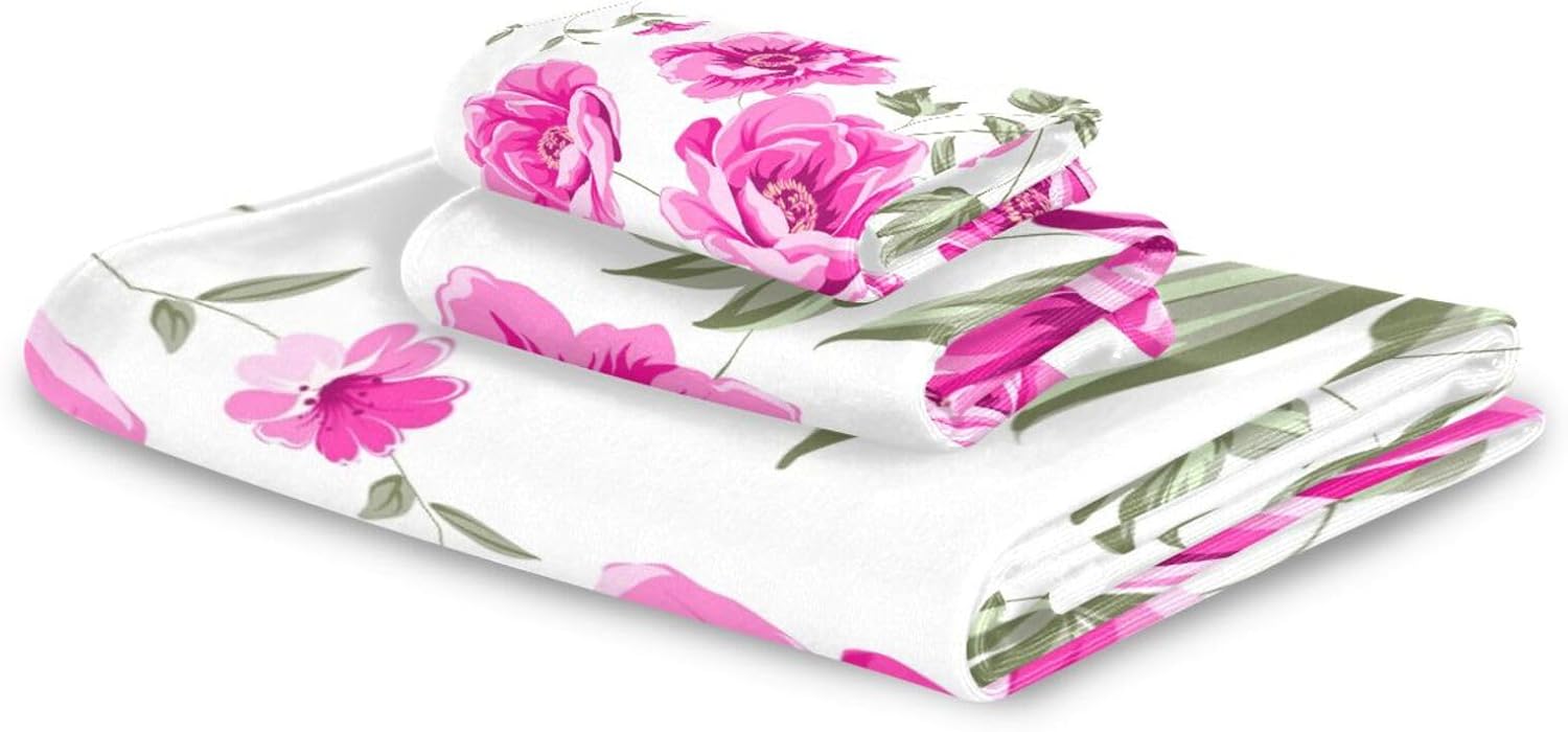 Elegante juego de 3 toallas de baño de peonía rosa, súper suaves, 1 toalla de mano, 1 paño de lavado, 1 toalla de baño, toallas decorativas para