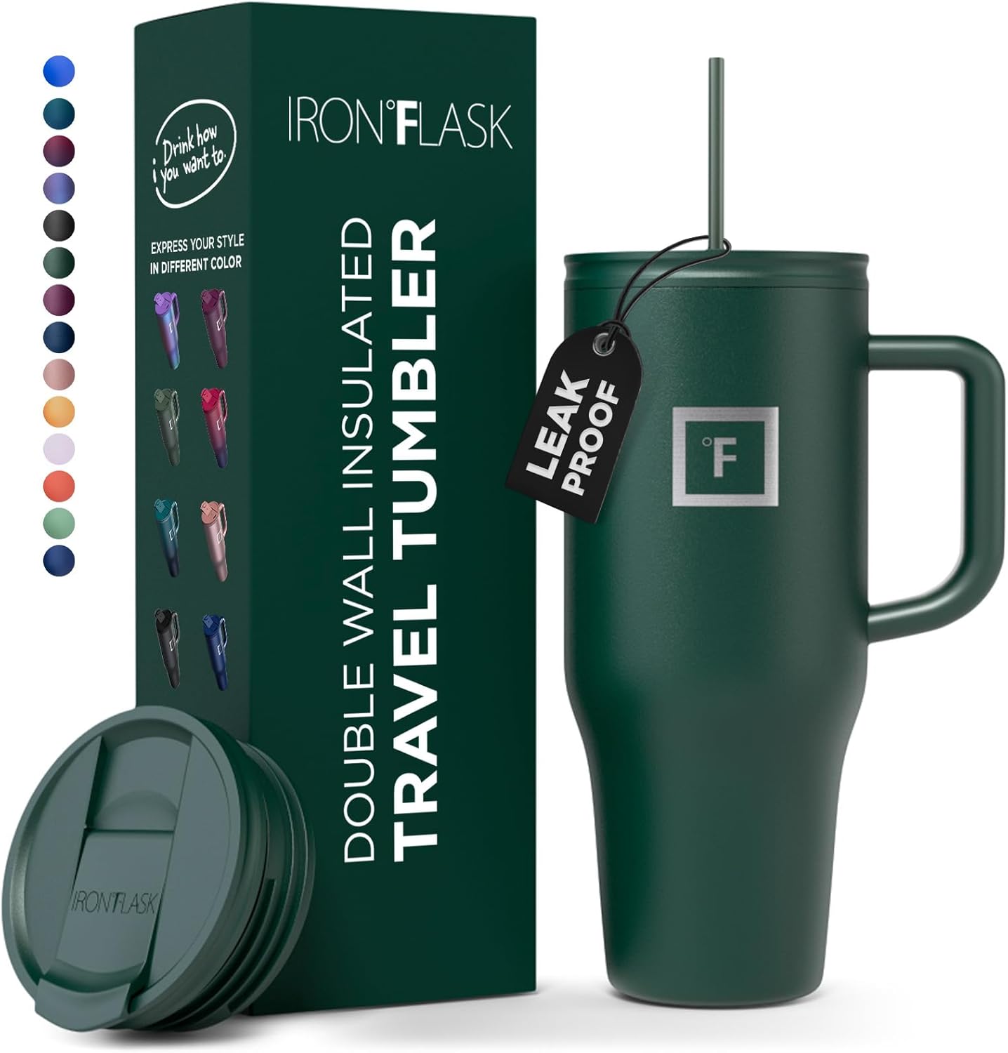 IRON FLASK Co-Pilot – Vaso aislado con popote y tapas abatibles, botella portavasos, para bebidas calientes y frías, a prueba de fugas, agua, taza