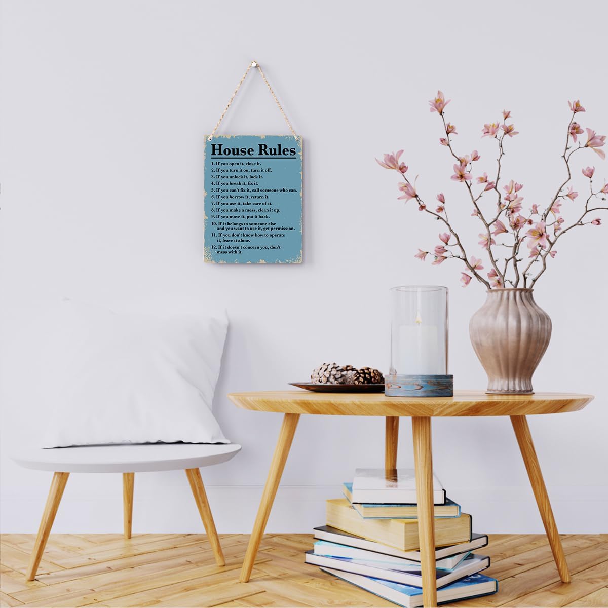 Letrero colgante de madera con reglas de la casa, decoración del hogar, arte de pared para sala de estar, cita inspiradora para la familia, letreros