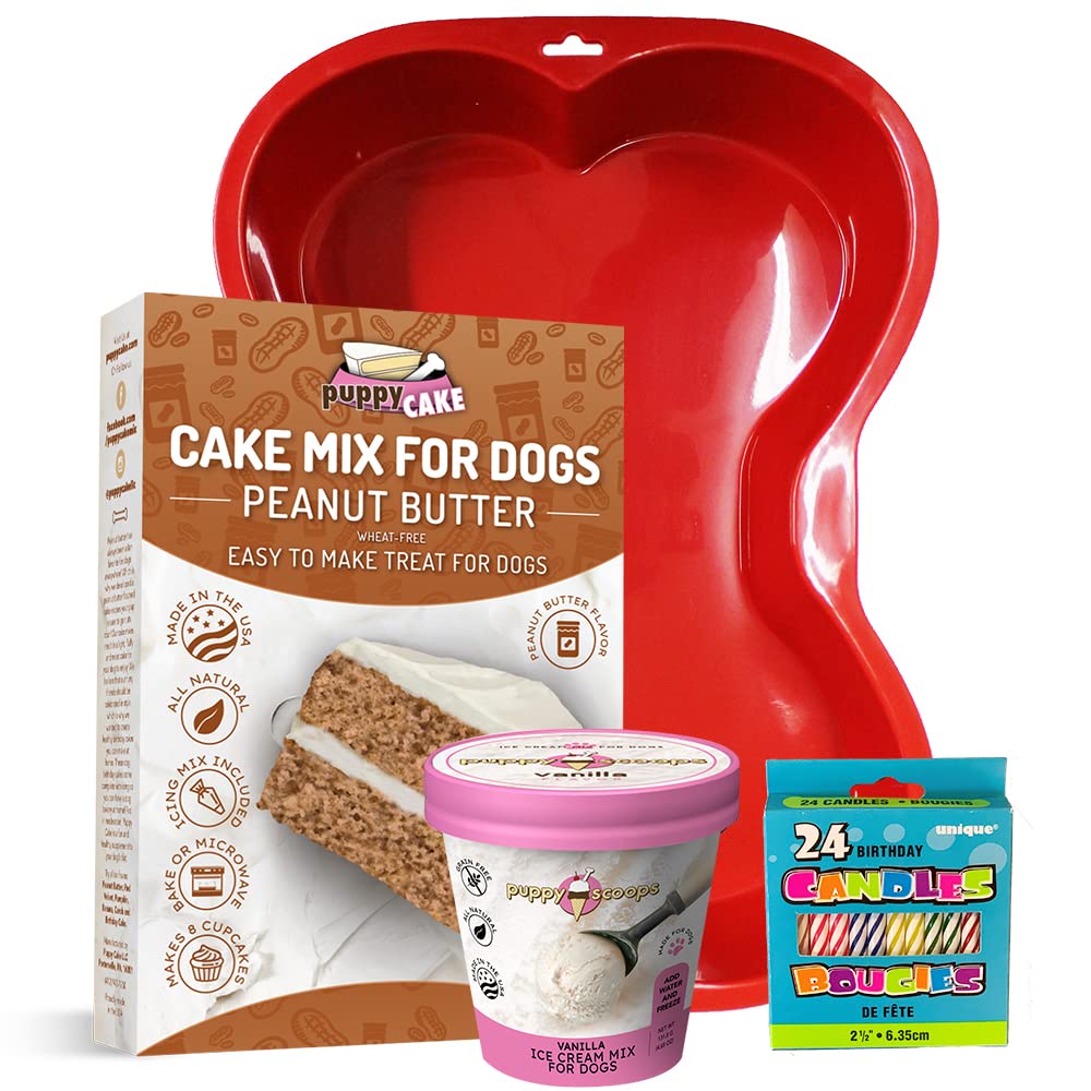 Puppy Cake Cake and Ice Cream Dog Kit de pastel de cumpleaños natural esponjoso y húmedo con mantequilla de maní, tu elección de mezcla de helado,
