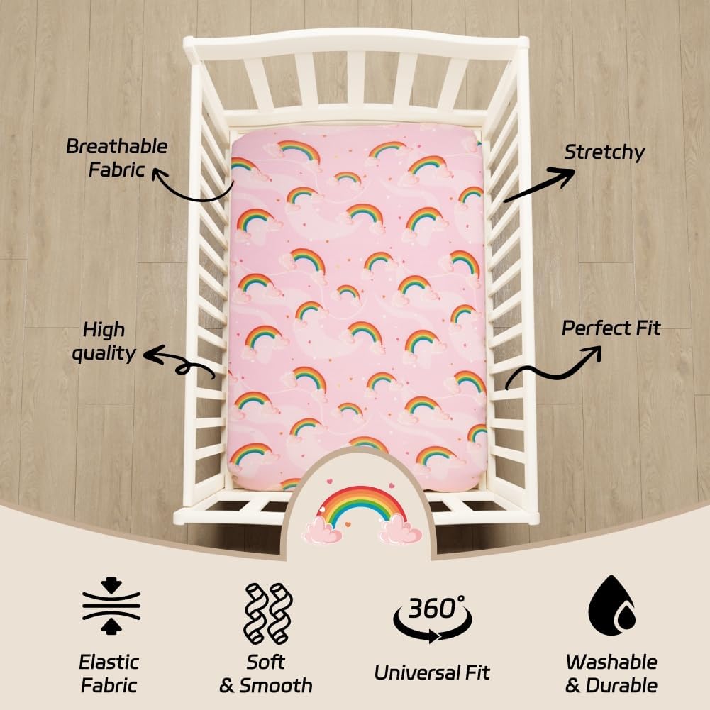 Paquete de 4 sábanas suaves para bebé niña N Play para colchón de cuna, diseño de corazón de arco iris, lindo poliéster neutro, unisex, juego de