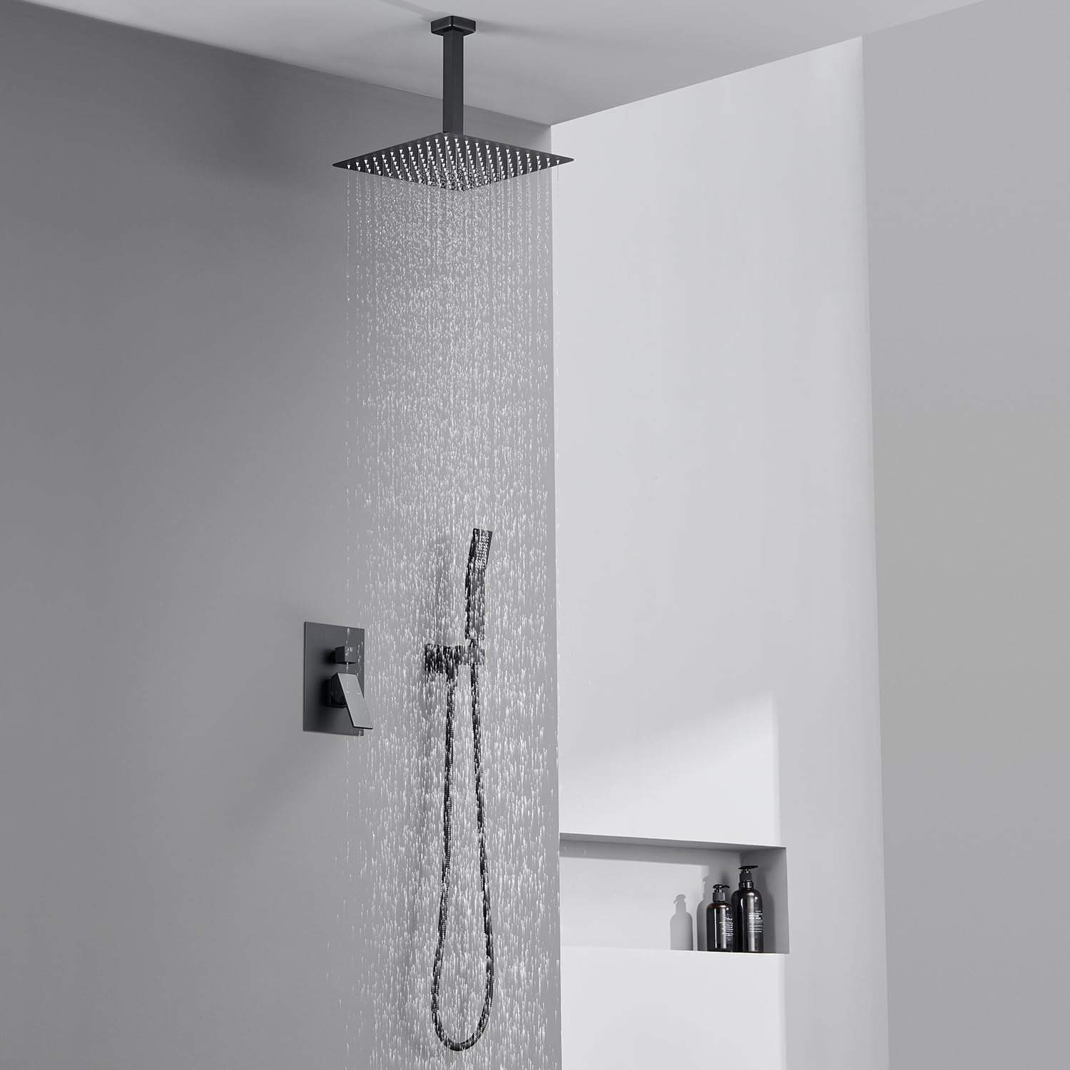 Sistema de ducha de 12 pulgadas, juego combinado de ducha de lluvia negro para montaje en techo, grifos de baño con cabezal de ducha de lluvia y