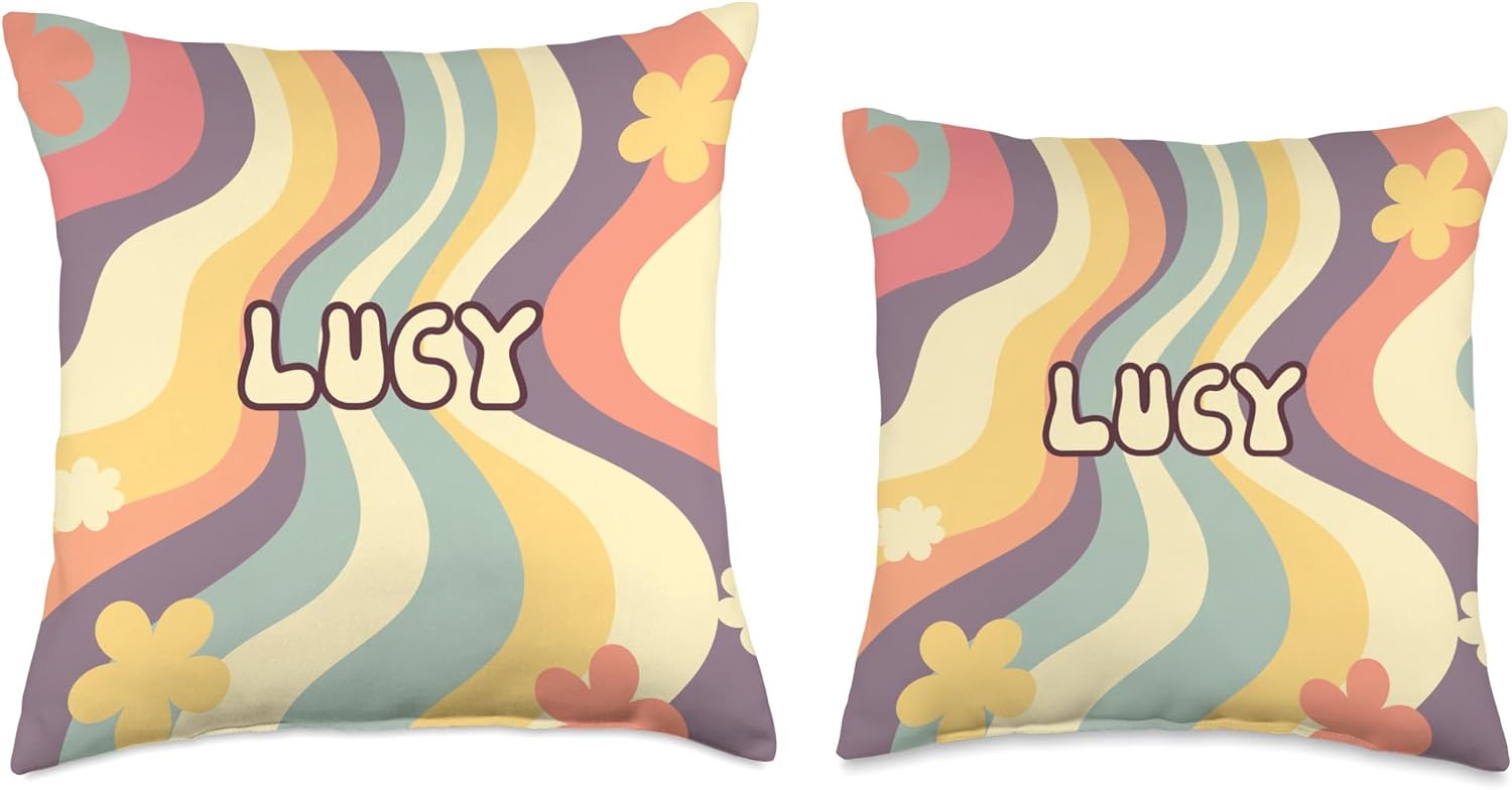 Lucy Custom Name Groovy – Cojín de regalo floral retro, ondulado, 16 x 16 pulgadas, multicolor