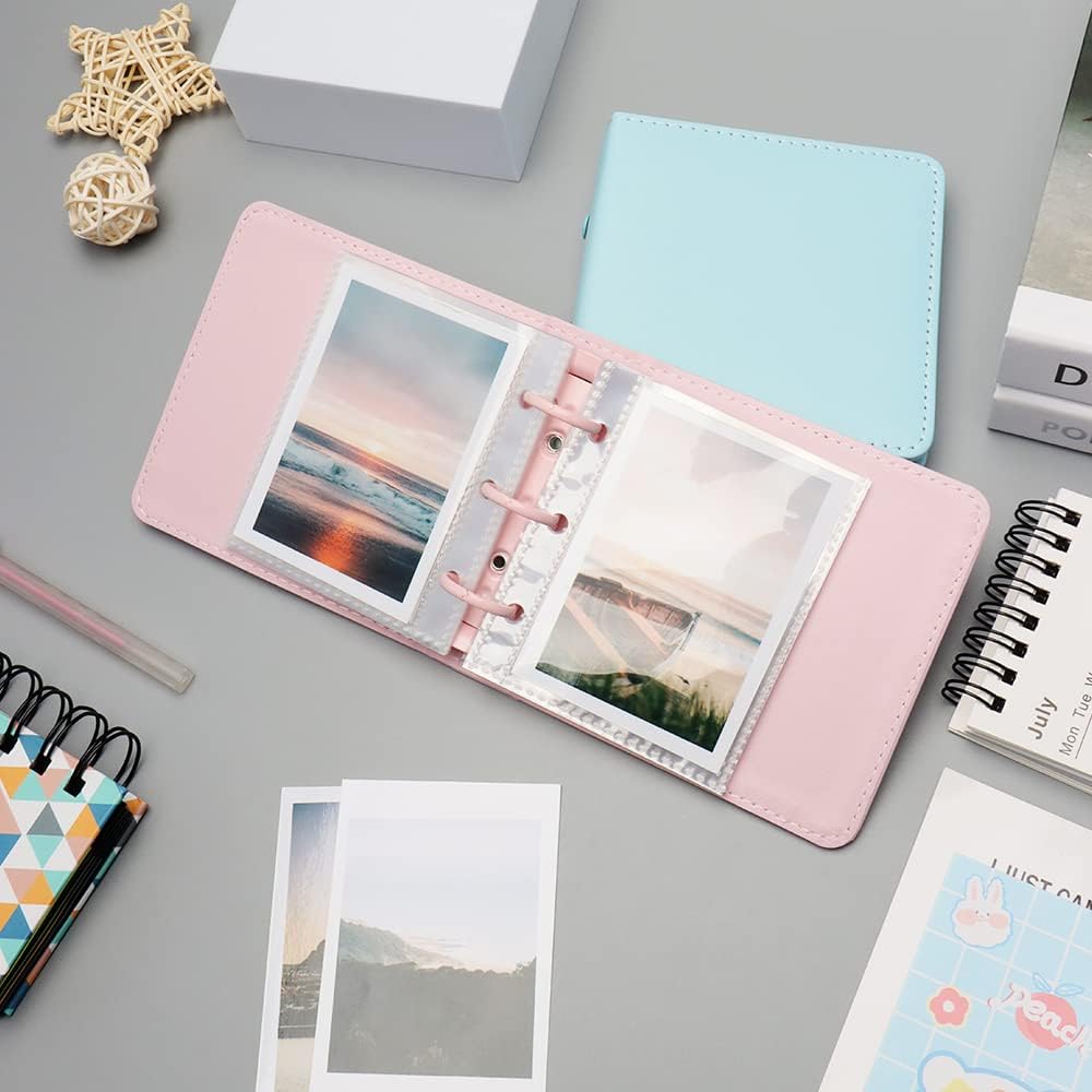 Mini álbum de fotos, soporte para tarjetas fotográficas rosas, tarjetas fotográficas Kpop de piel sintética de 3 anillos, álbum de películas de