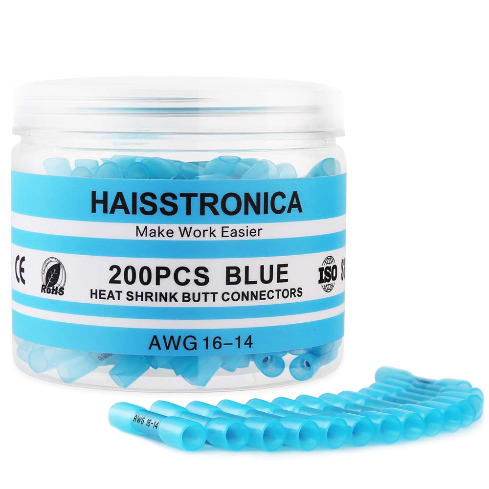 haisstronica 200 conectores de extremo termoencogibles azules de 16 a 14 Awg, cobre rojo estañado de 0.031in, conectores de cable de crimpado