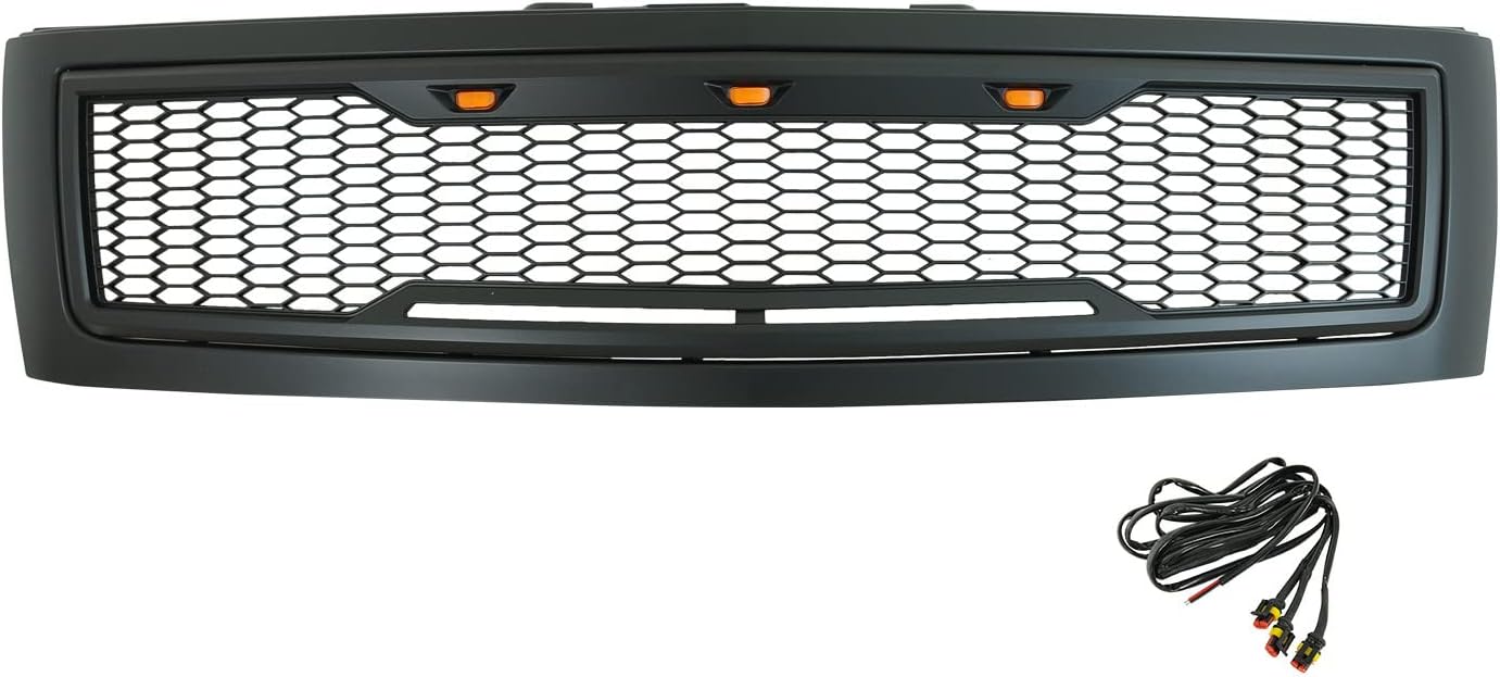 EAG Parrilla LED superior de ABS de repuesto con luces LED ámbar, color negro mate para Silverado 1500 07-13