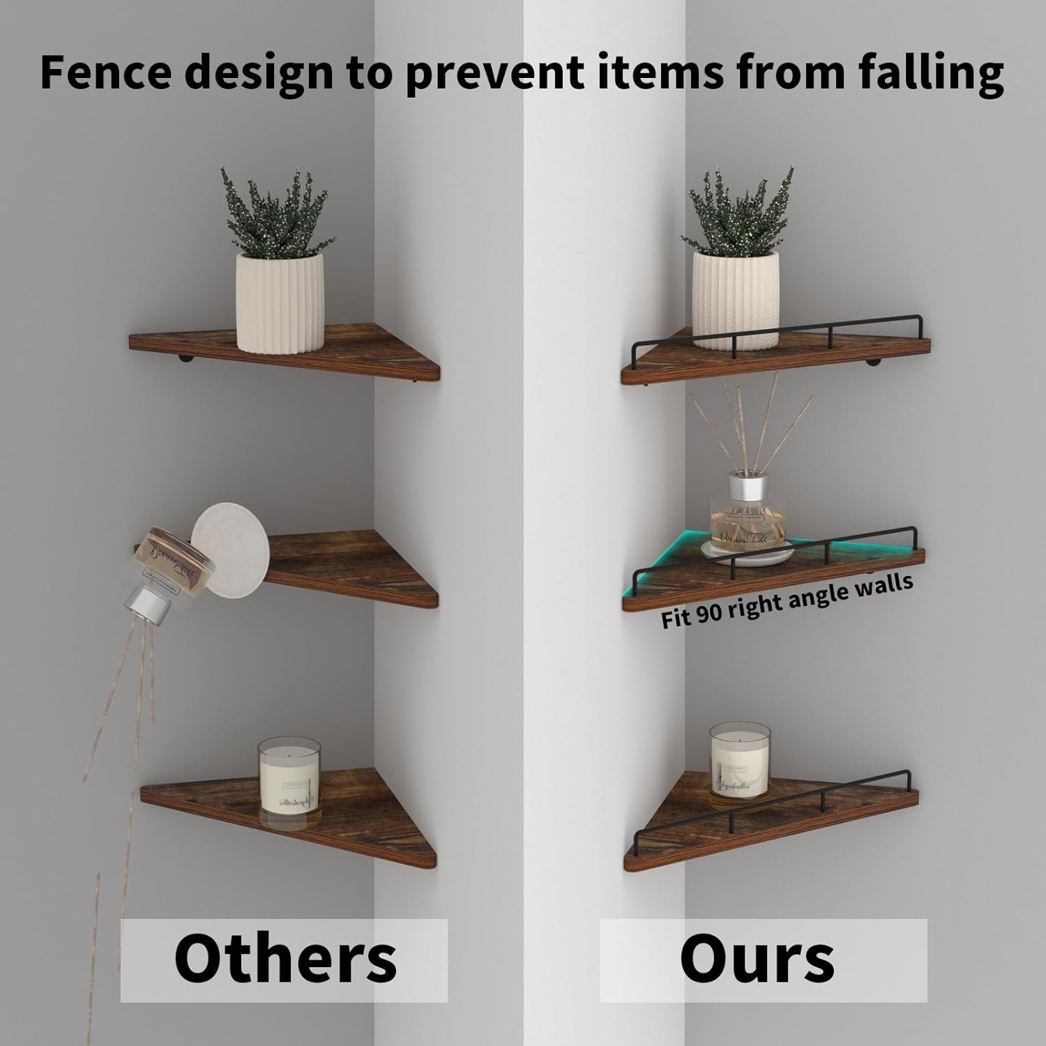 Trwcrt Juego de 3 estantes de esquina flotantes para montaje en pared, estantes de almacenamiento de pared de madera rústica para dormitorio, sala