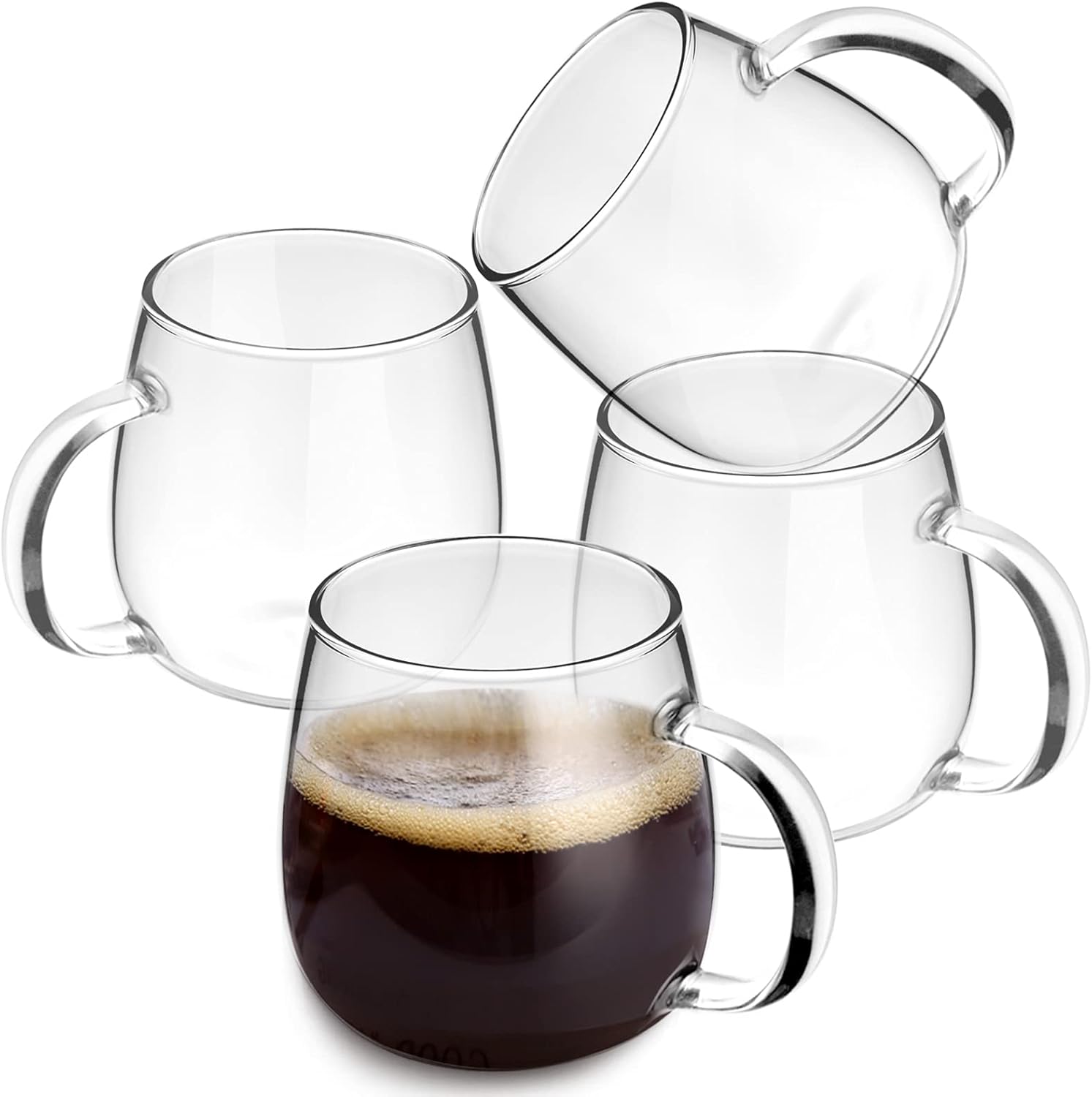 Juego de 4 tazas de café de vidrio transparente de 13 onzas con asas, perfectas para latte, moca, capuchino, té y jugo, juego de tazas de café