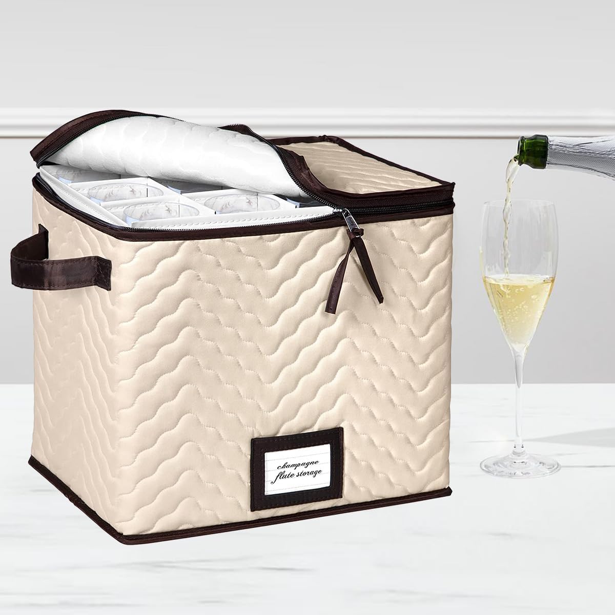 Hold N Storage – Juego de 2 vasos de vino con divisores, cada uno tiene capacidad para 12 copas de champán de hasta 11 pulgadas de alto, estuche de