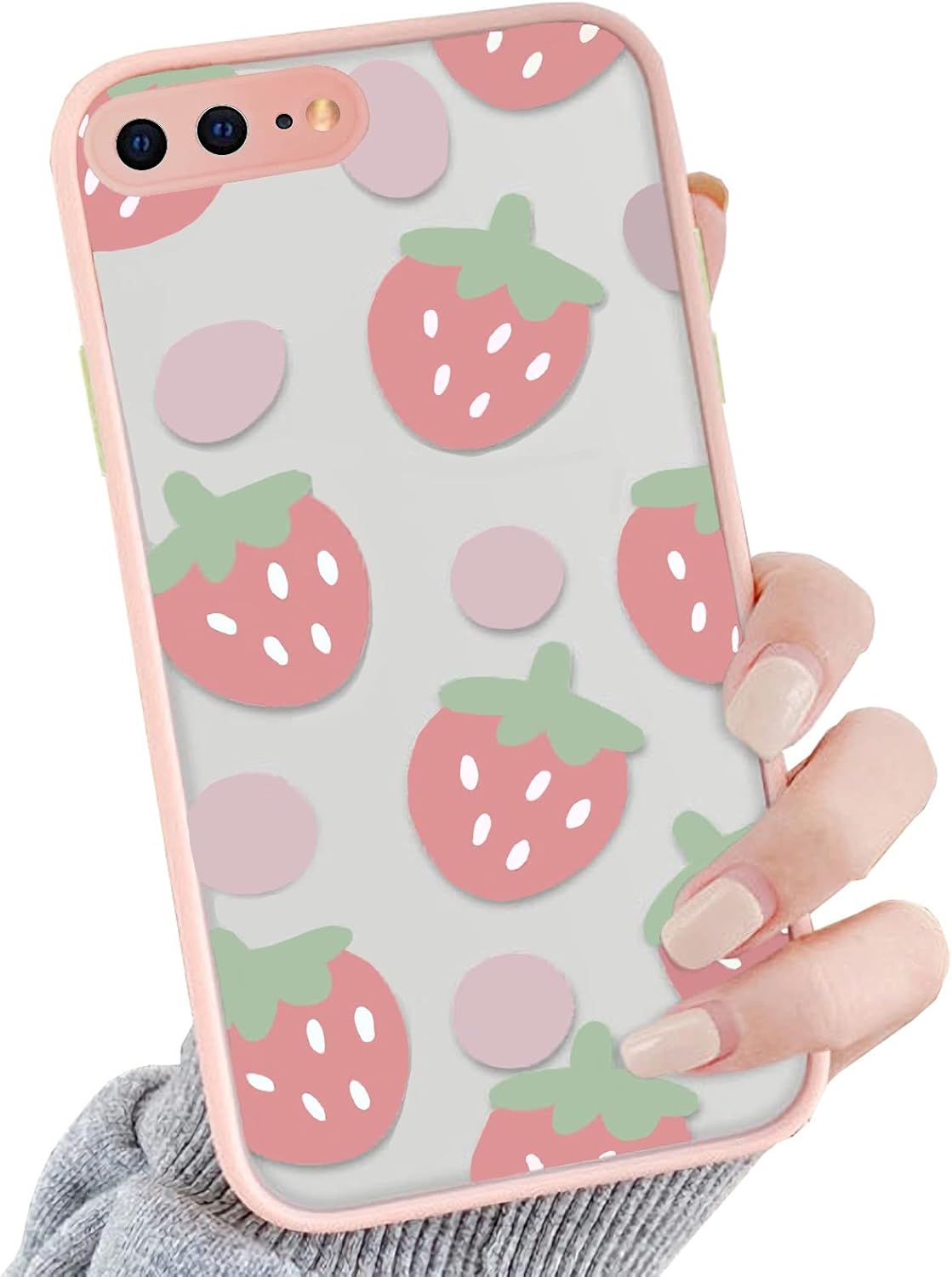Funda compatible con iPhone 8 Plus, diseño transparente de fresa rosa, funda para iPhone 7 Plus para niñas y mujeres, bonita, a prueba de golpes,
