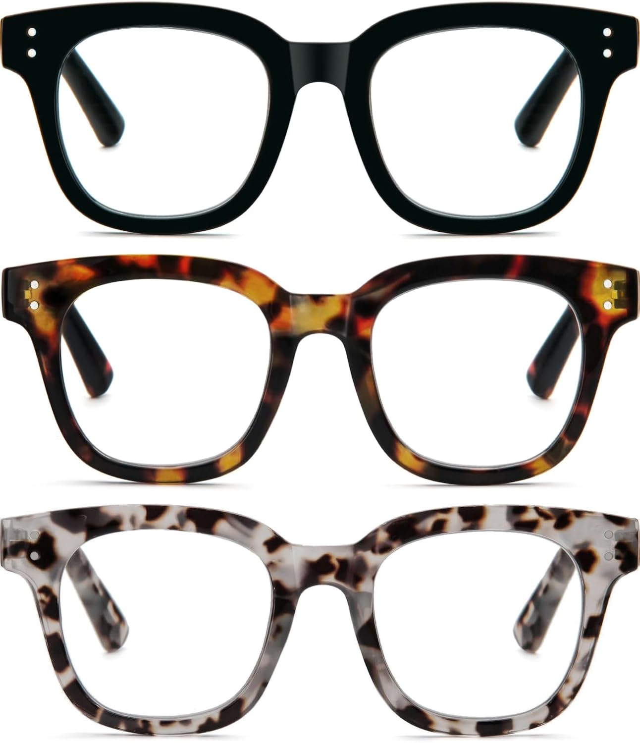 REAVEE Paquete de 3 lentes de lectura retro de gran tamaño para mujer, bloqueo de luz azul, lindos, cuadrados, para lectura de computadora, bisagra