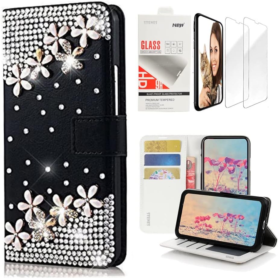 STENES Bling Wallet – Funda de piel compatible con Samsung Galaxy A32 5G, elegante, diseño floral hecho a mano en 3D, diseño floral, con protector