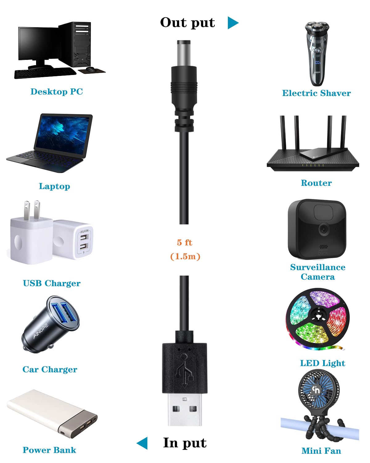 Narpendu Cable de alimentación USB a CC de 5 V, cable de carga universal DC de 0.217 x 0.083 in con 11 puntas de conector intercambiables de 5 pies
