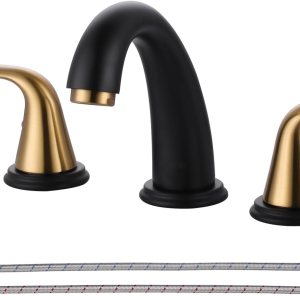 WOWOW Grifo de baño generalizado negro y dorado, grifo de lavabo de 3 agujeros, grifo de lavabo de 2 manijas, grifo mezclador de 8 pulgadas con WOWOW Grifo de baño generalizado negro y dorado, grifo de lavabo de 3 agujeros, grifo de lavabo de 2 manijas, grifo mezclador de 8 pulgadas con