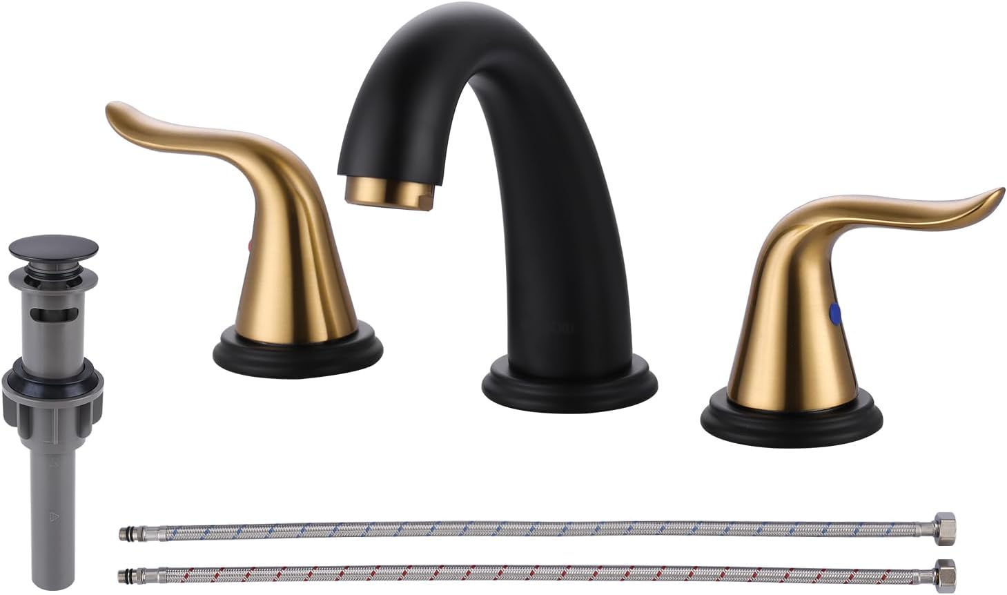 WOWOW Grifo de baño generalizado negro y dorado, grifo de lavabo de 3 agujeros, grifo de lavabo de 2 manijas, grifo mezclador de 8 pulgadas con