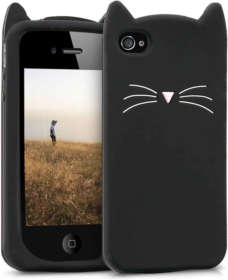 kwmobile Funda compatible con Apple iPhone 4 y 4S – Cat Case Soft Cute Funda protectora de silicona – NegroBlanco