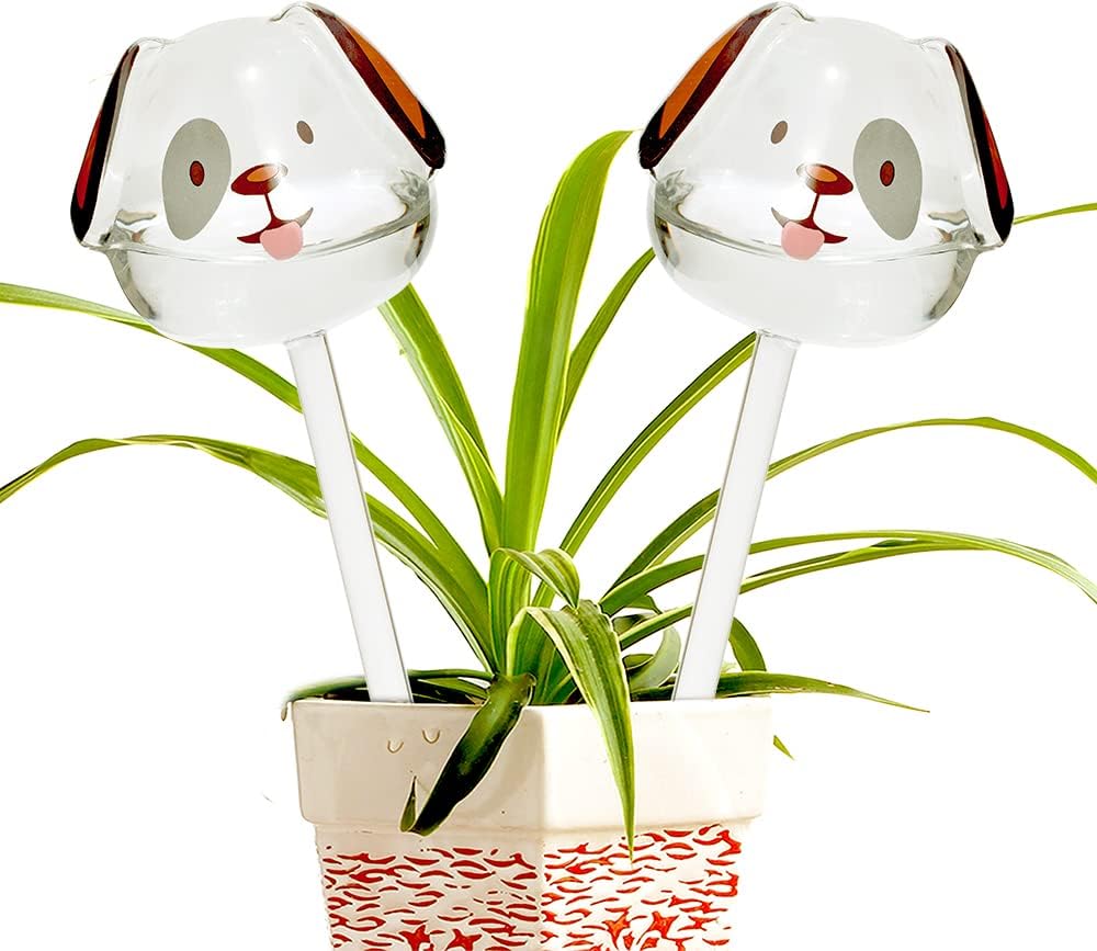 Ahhute Globo de riego de vidrio con picos de autorriego, dispositivos de bombillas de riego para plantas, con forma de perro para plantas de