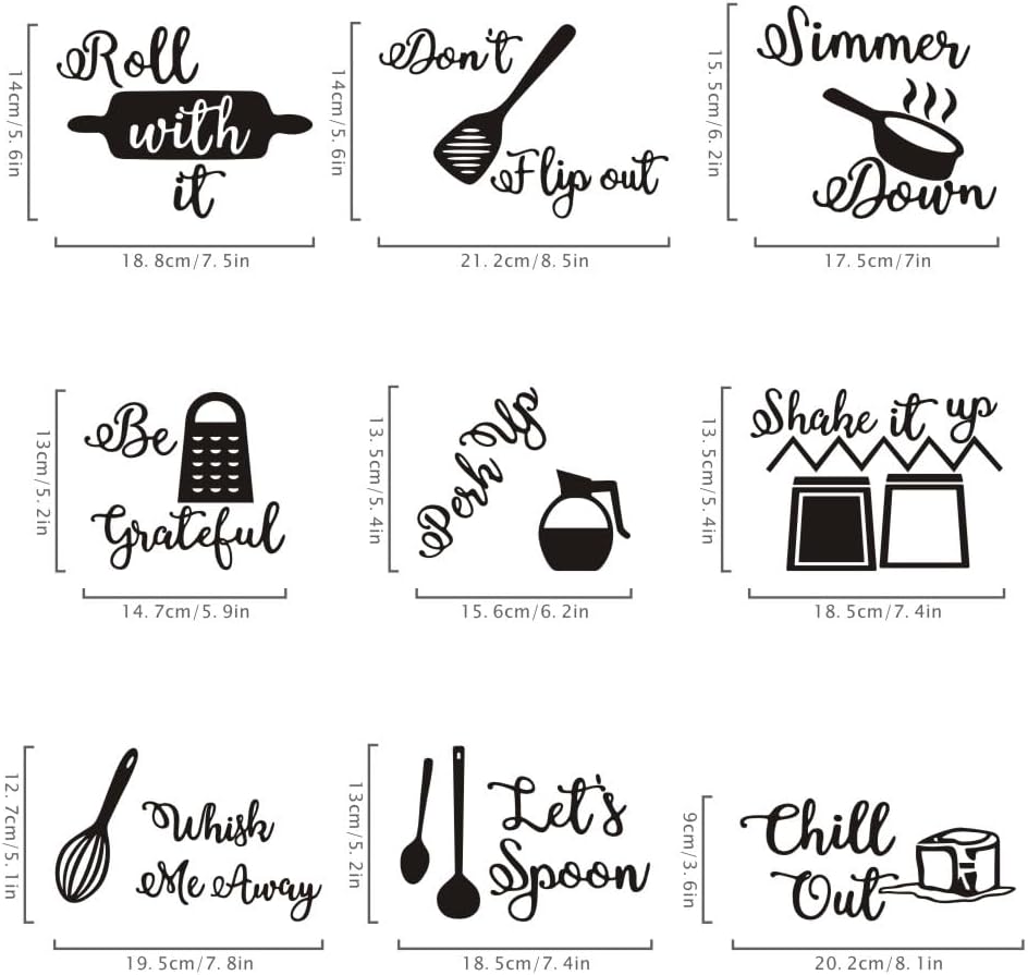 Calcomanías de pared con citas de cocina, 9 unidades, calcomanías Roll It Let’s Spoon, utensilios de cocina negros, arte de pared para cocina,
