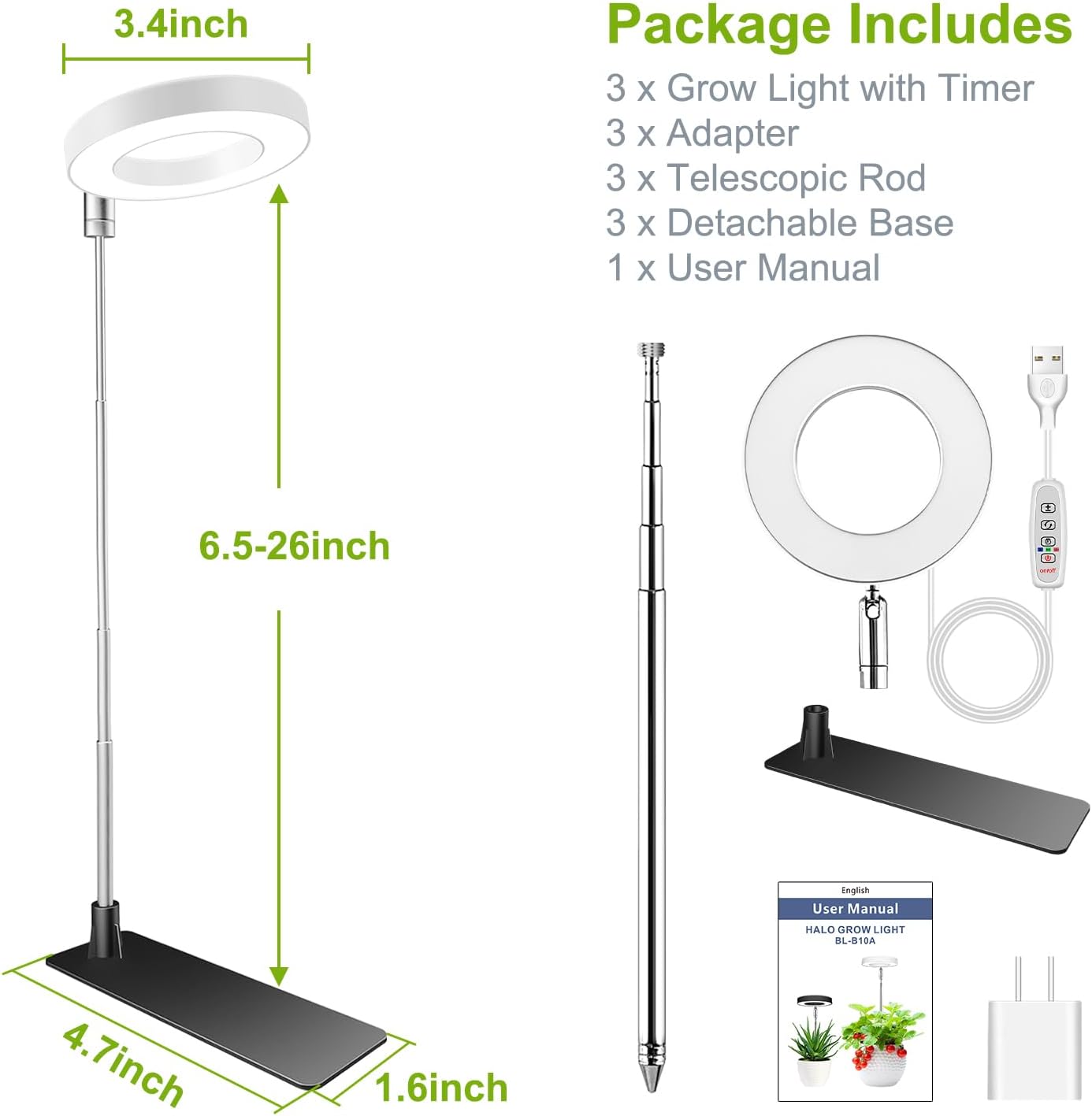 Luces de cultivo para plantas de interior, 48 luces LED de espectro completo para plantas de interior, lámpara de cultivo ajustable en altura con