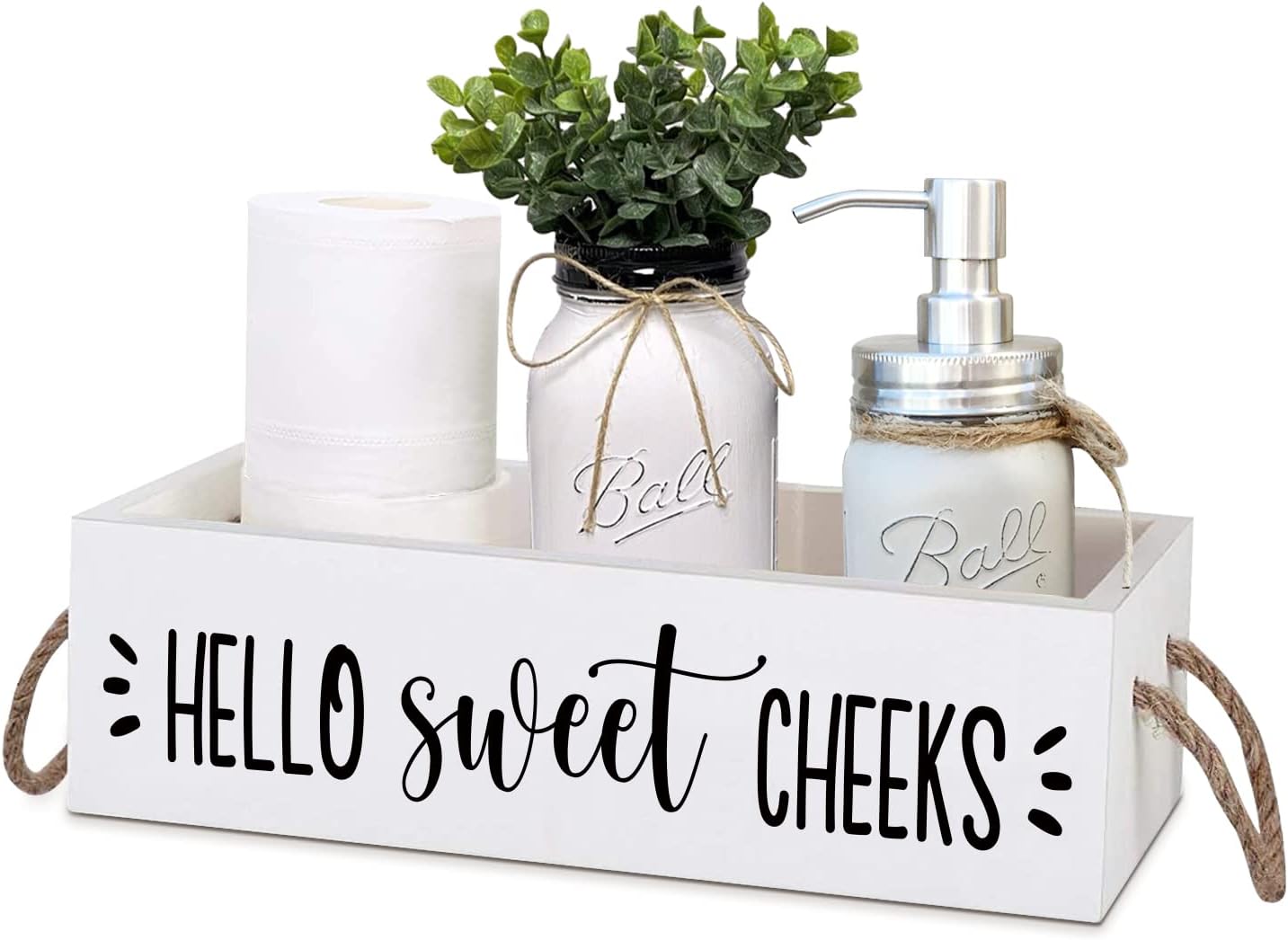 Hello Sweet Checks – Caja de madera de 2 lados para decoración de baño, cesta de papel higiénico con asa de cuerda, organizador de almacenamiento de