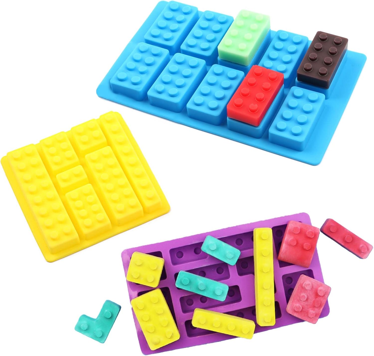 Mivofun – 3 moldes de bloques de construcción, moldes de silicona para ladrillos de construcción, 12 tipos de formas, moldes para cubitos de hielo,