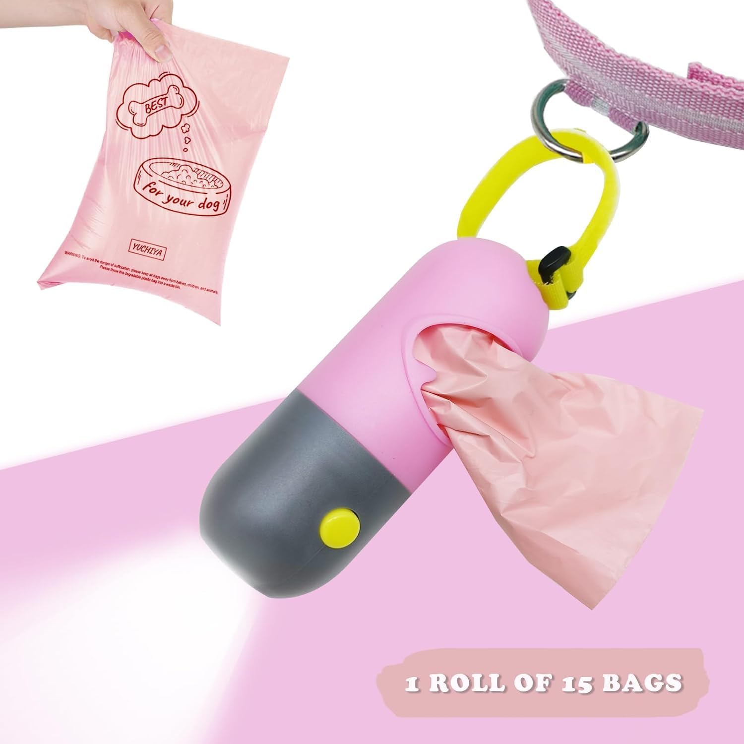 Soporte para bolsas de excremento de perro con linterna LED, dispensador de bolsas de basura para mascotas para correa, contenedor de bolsas para