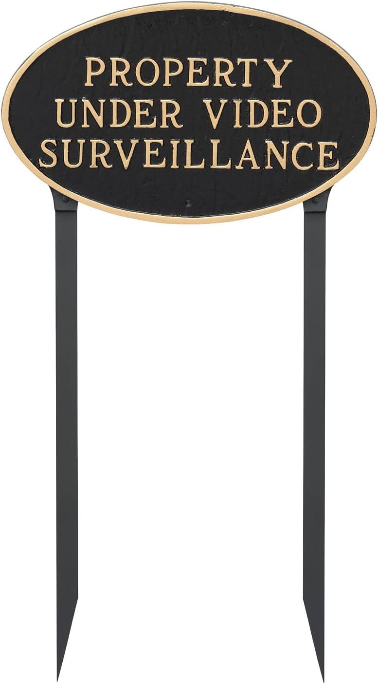 Placa ovalada de metal fundido bajo videovigilancia – Placa de visualización de pared o césped – Señal de seguridad para el hogar o negocio –