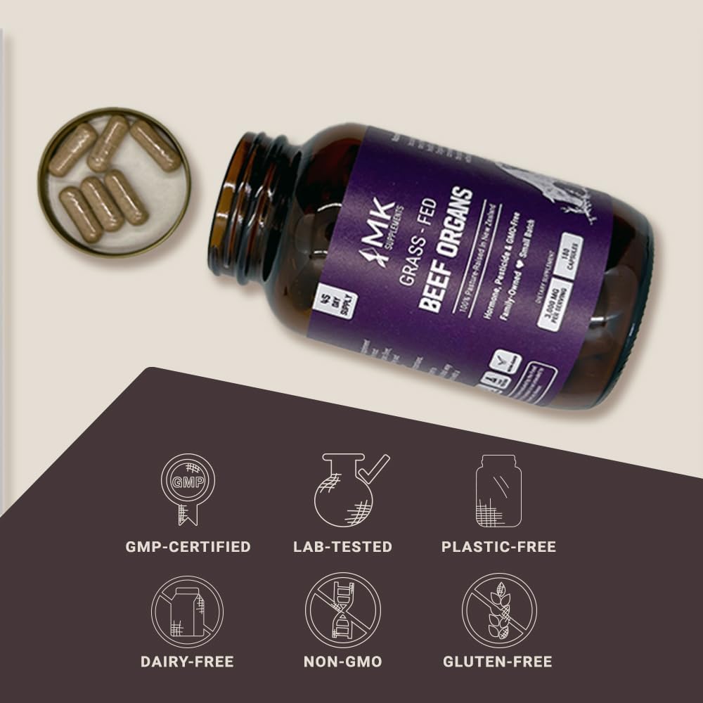 MK Supplements Órganos de carne alimentados con pasto 3000 mg, 180 cápsulas de órganos de carne, multivitamínico, 100% criado en pasto en Nueva