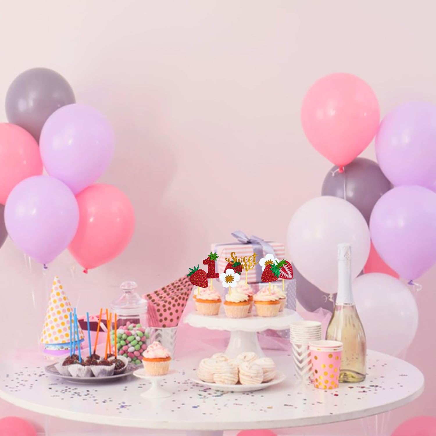 Mulukaya 24 piezas con purpurina de fresa dulce uno para cupcakes, palillos para tartas temáticas de frutas, bayas, suministros de decoración de