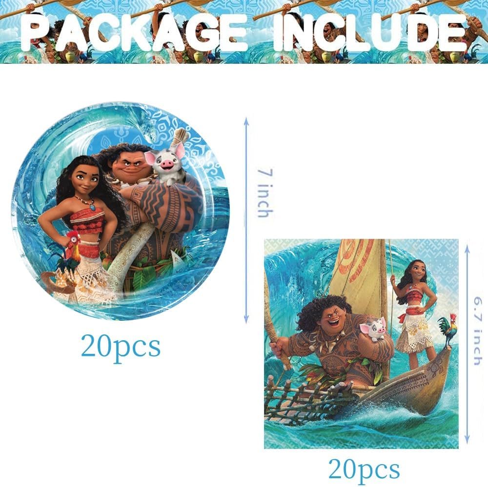 Moana – Suministros para fiesta de cumpleaños, 40 piezas, juego de vajilla para fiesta de Moana, platos y servilletas para decoraciones de