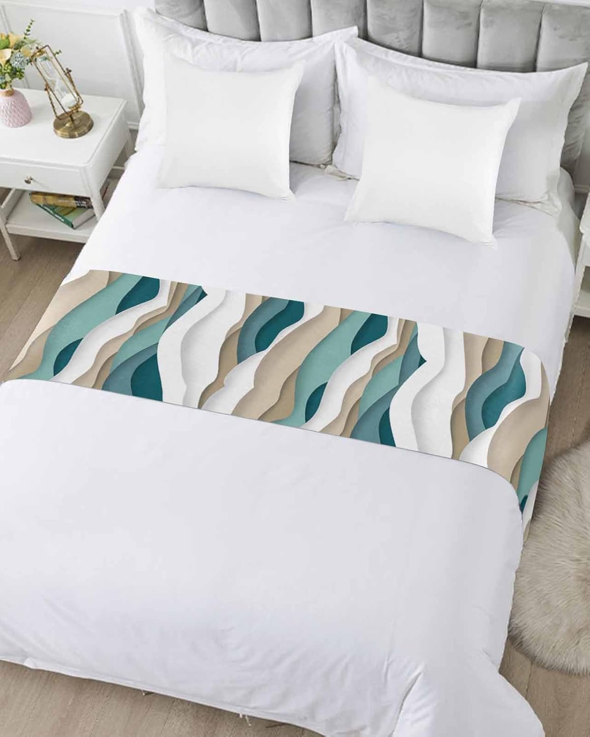 Camino de cama marrón turquesa con olas oceánicas para cama de tamaño King, protector de bufanda, manta de cama decorativa para dormitorio, hotel,