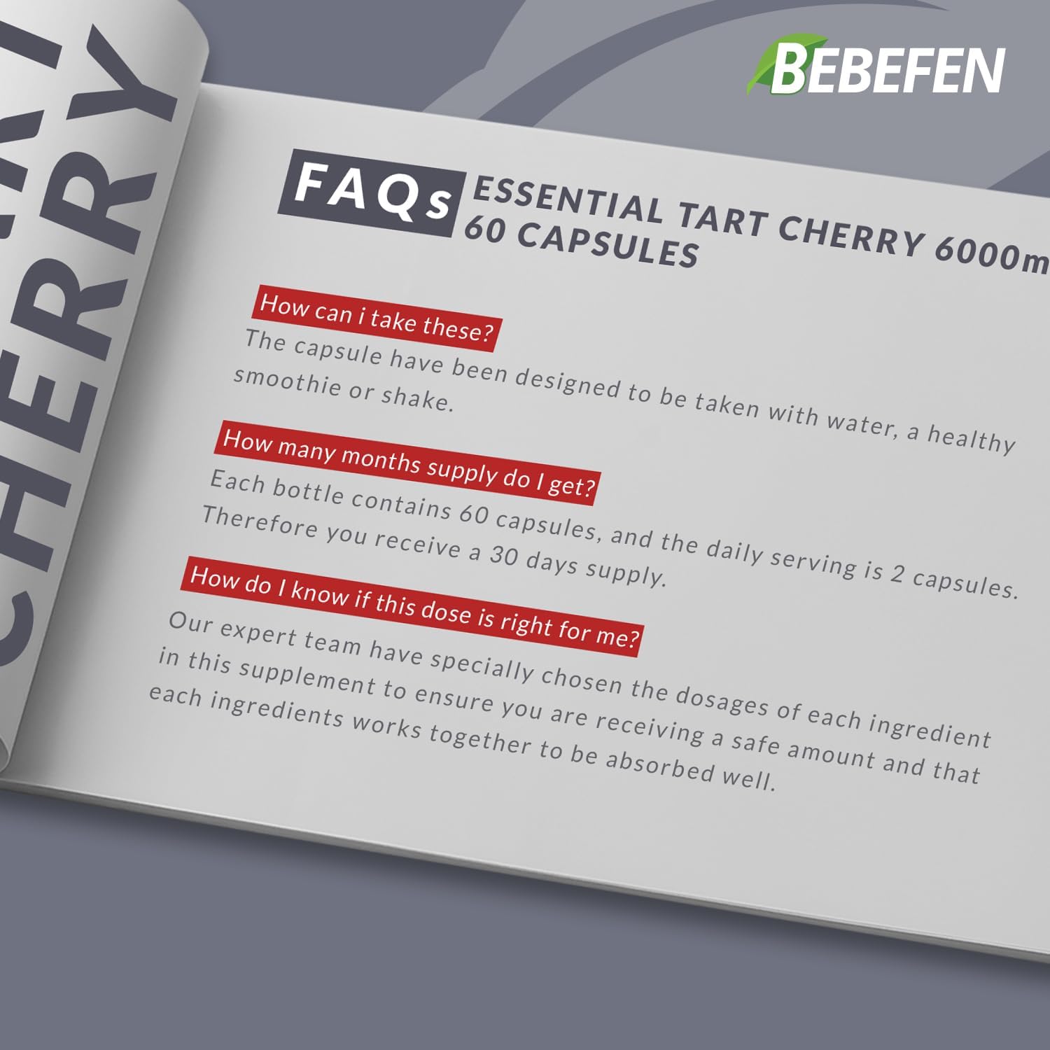 BEBEFEN Cápsulas de cereza ácida de 6000 mg  Extracto de jugo de cereza agria  Salud de las articulaciones, masa muscular y descanso bien