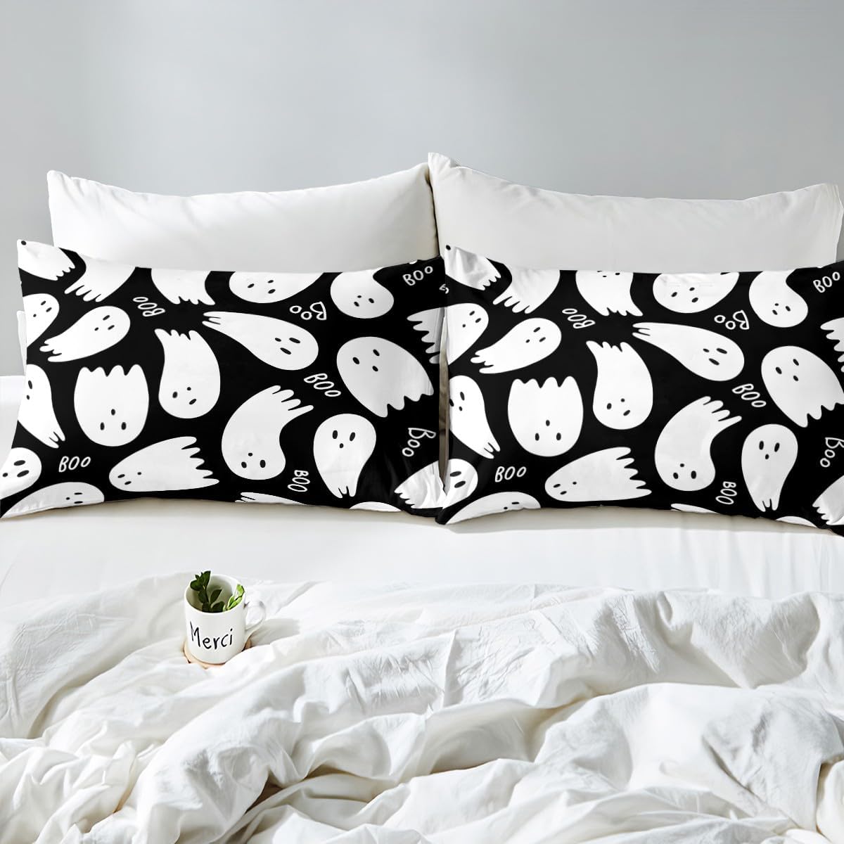 Juego de sábanas de fantasma de Halloween de dibujos animados, decoración del hogar, juego de sábanas de bolsillo profundo, funda de colchón estilo
