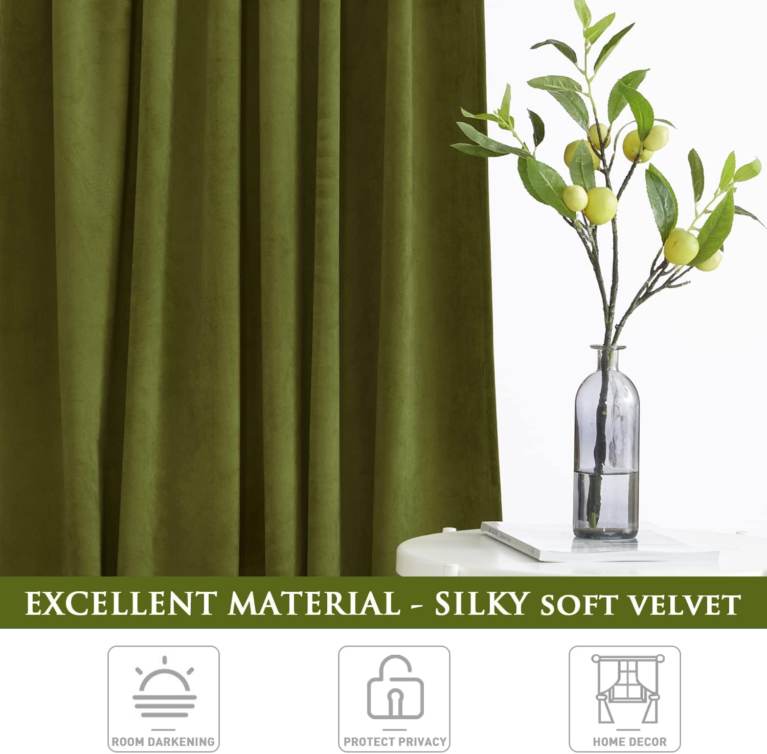 StangH Cortinas color verde oliva, terciopelo de lujo para oscurecer la habitación, cubierta de puerta corrediza, decoración del hogar para estar,