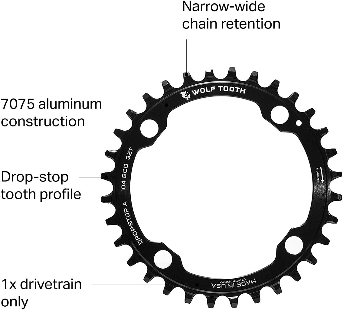 Wolf Tooth 96BCD Drop Stop Plato para bielas Shimano XT y XTR de 11 velocidades (32t, para M9000 XTR)