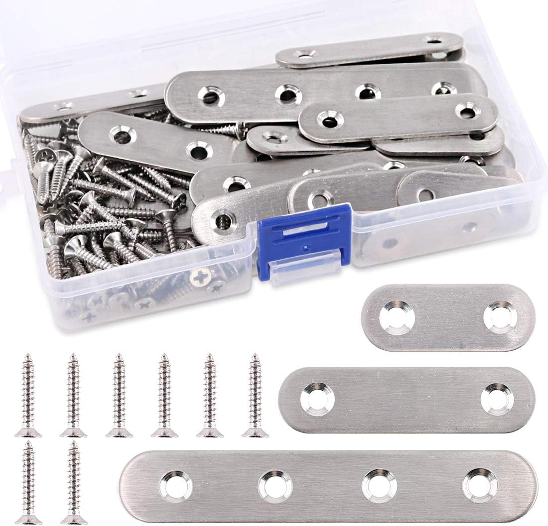 115 soportes de acero inoxidable planos rectos de 3 tamaños, soportes de soporte de estante de metal, placa de unión con tornillos, perfectos para
