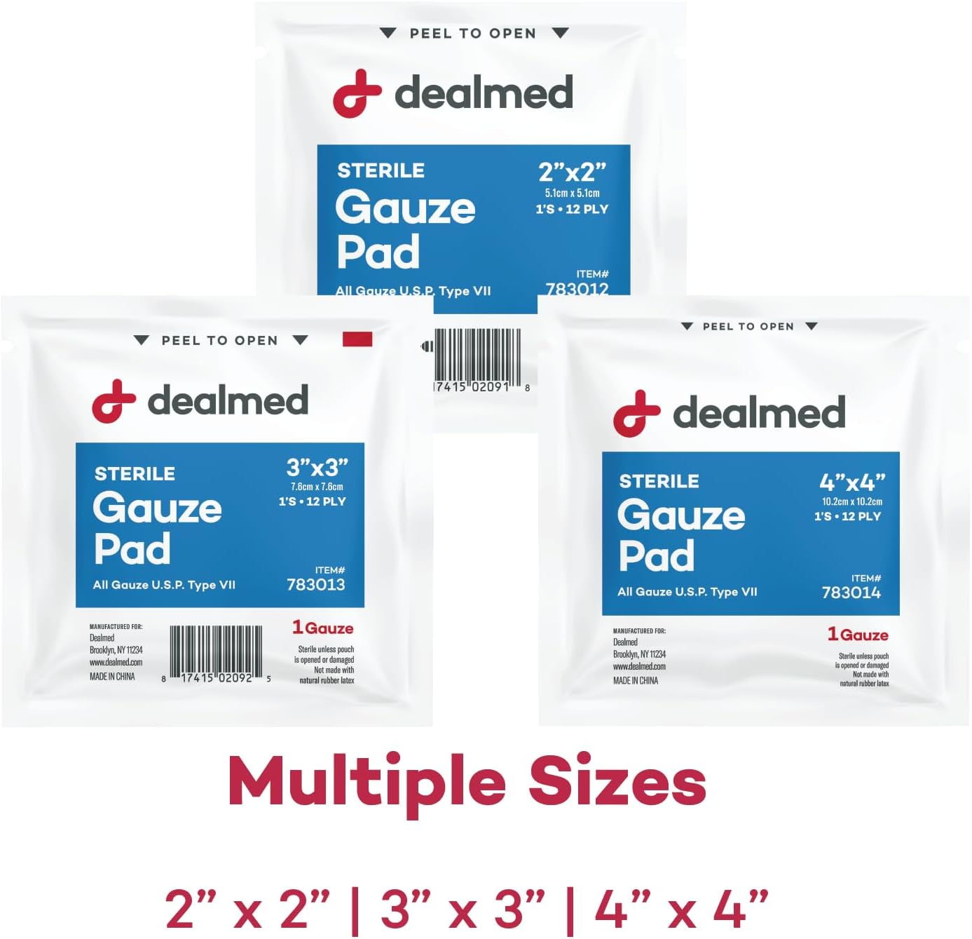 Dealmed Almohadillas de gasa estériles  100 unidades, almohadillas de gasa de 3 x 3 pulgadas, almohadillas de gasa médica desechables y envueltas
