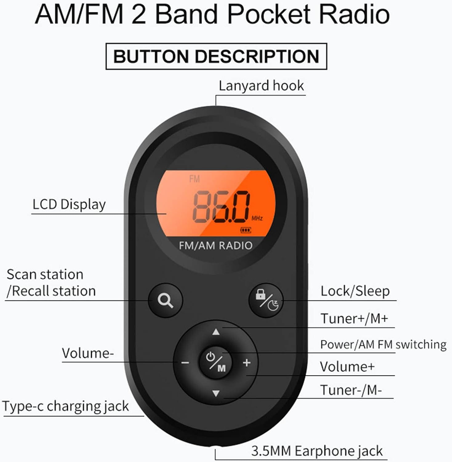 Radio portátil AM FM Mini con retroiluminación y auriculares para exteriores (negro)