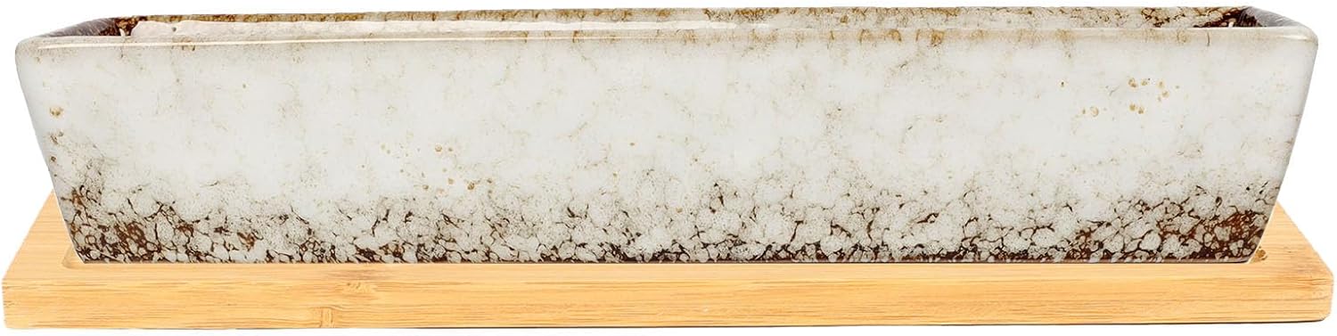 Macetero para suculentas, macetas rectangulares de cerámica para suculentas, mini contenedores de flores con platillos de bambú para oficina,