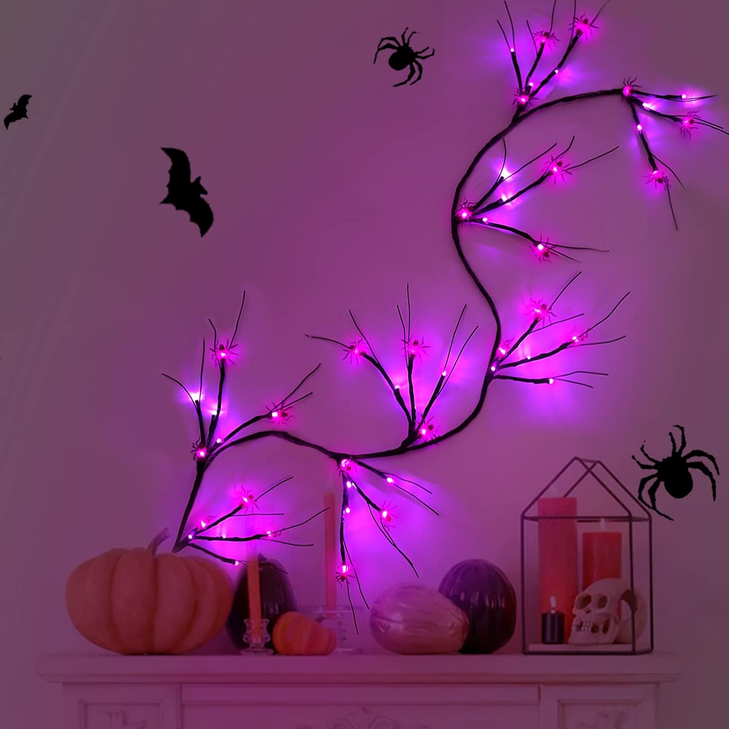 Guirnalda de luces de Halloween para decoración de Halloween, luces de araña de 6.5 pies, 48 LED, funciona con pilas, ramas de araña de Halloween,