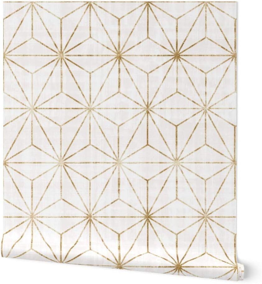 Spoonflower Papel tapiz autoadhesivo de 3 x 2 pies, diseño de triángulos geométricos de oro blanco con estrellas, abstracto, minimalista,