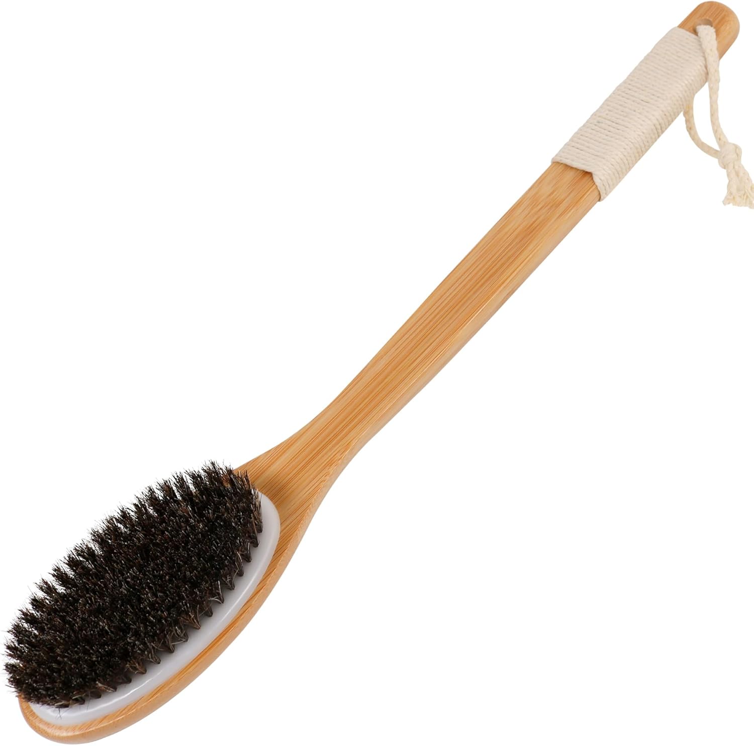 OWIIZI Cepillo de baño de crin de bambú, curvado, mango largo, antideslizante, cepillo corporal para exfoliación, limpiador de ducha de melena