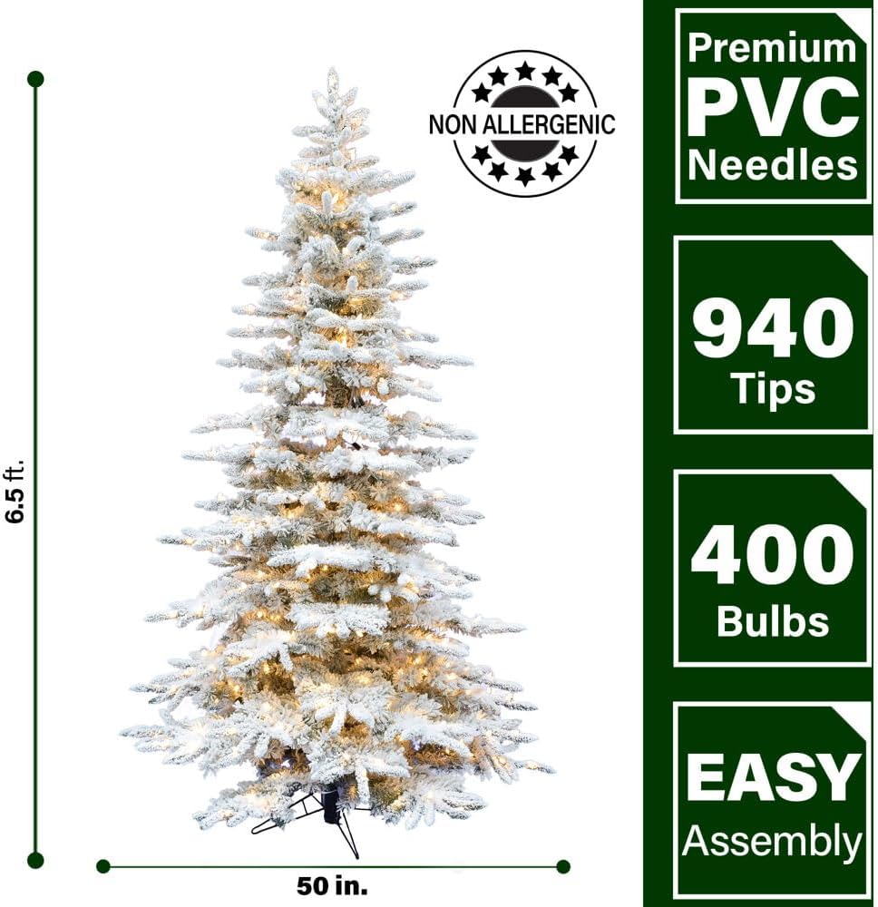 Fraser Hill Farm – Árbol de Navidad aterciopelado de 6.5 pies, previamente iluminado, pino de navidad nevado, luces LED transparentes, FFMP065-5SN